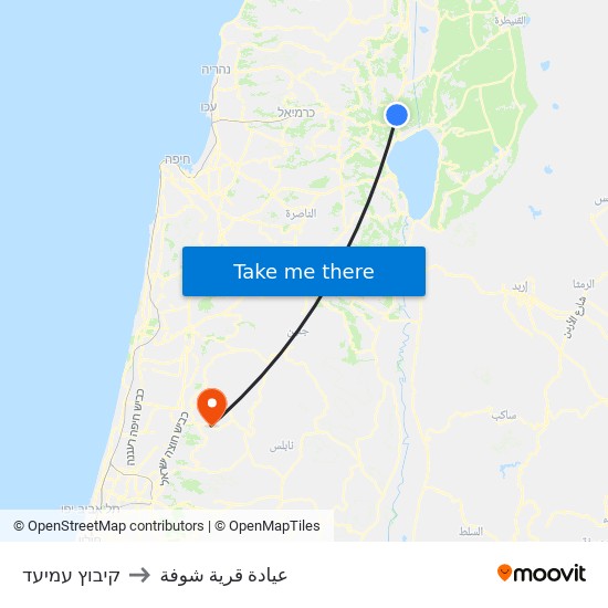 קיבוץ עמיעד to عيادة قرية شوفة map