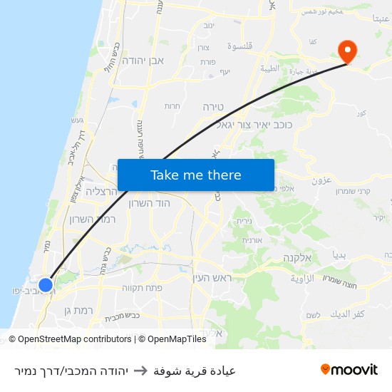 יהודה המכבי/דרך נמיר to عيادة قرية شوفة map