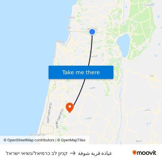 קניון לב כרמיאל/נשיאי ישראל to عيادة قرية شوفة map