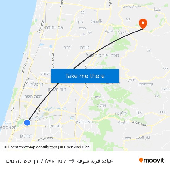קניון איילון/דרך ששת הימים to عيادة قرية شوفة map