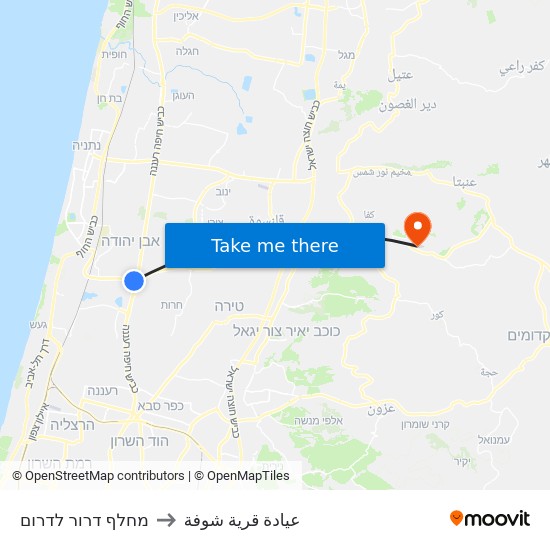 מחלף דרור לדרום to عيادة قرية شوفة map