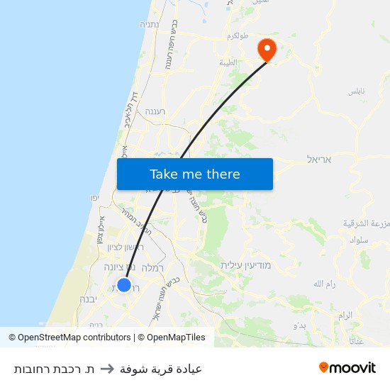 ת. רכבת רחובות to عيادة قرية شوفة map