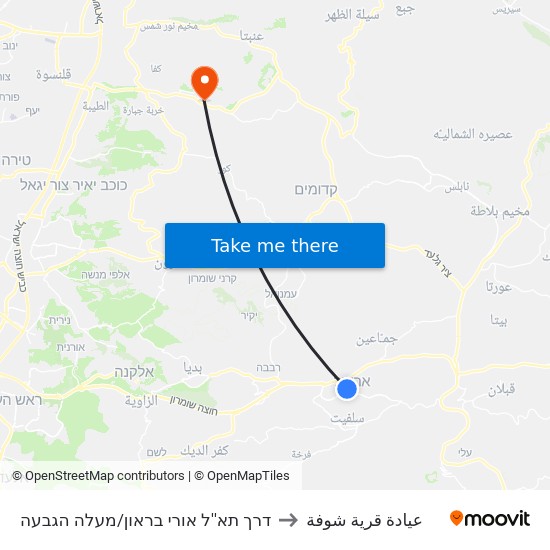 דרך תא''ל אורי בראון/מעלה הגבעה to عيادة قرية شوفة map