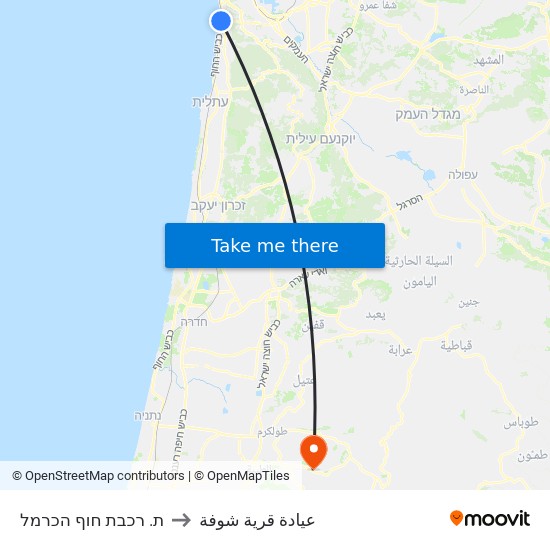 ת. רכבת חוף הכרמל to عيادة قرية شوفة map