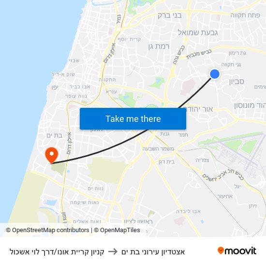 קניון קריית אונו/דרך לוי אשכול to אצטדיון עירוני בת ים map