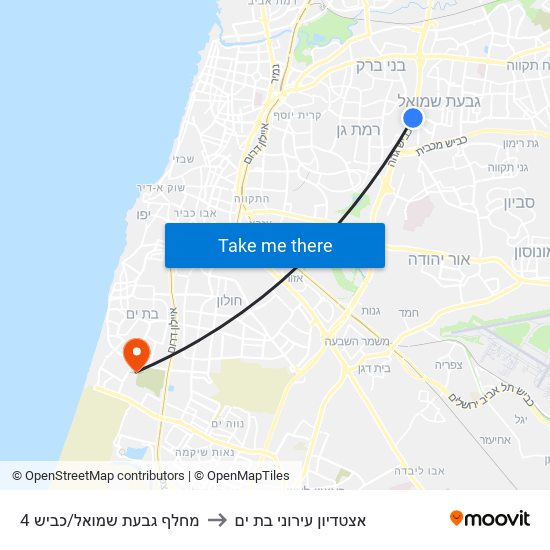 מחלף גבעת שמואל/כביש 4 to אצטדיון עירוני בת ים map