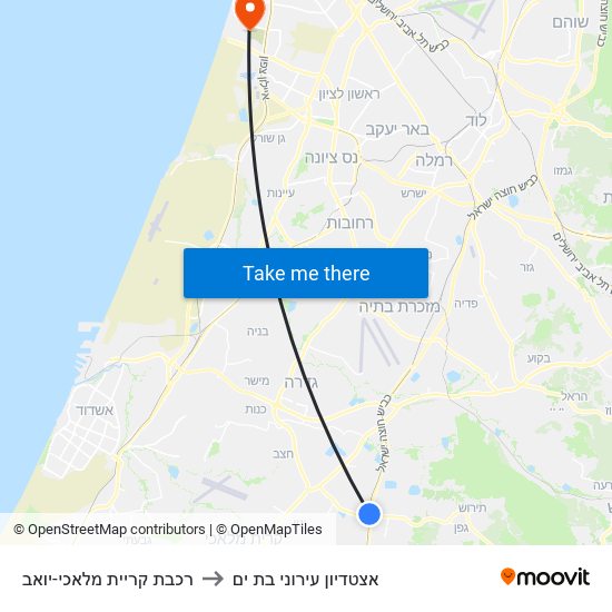 רכבת קריית מלאכי-יואב to אצטדיון עירוני בת ים map