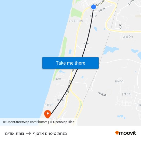 צומת אודים to מנחת טיסנים ארסוף map