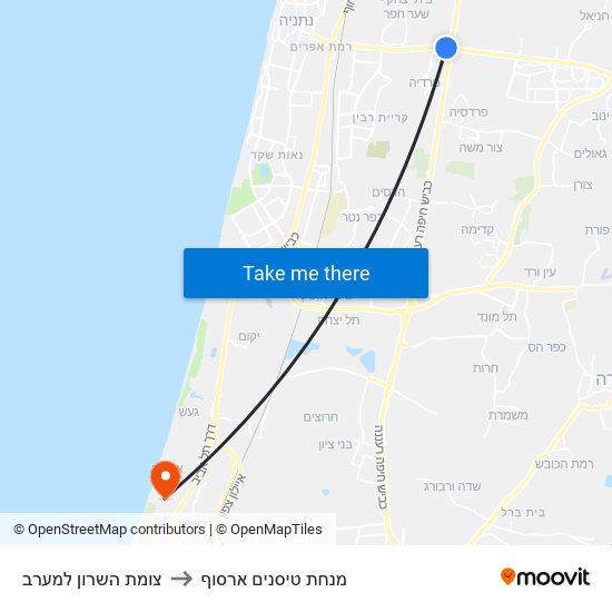 צומת השרון למערב to מנחת טיסנים ארסוף map