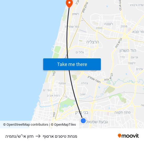 חזון אי''ש/נחמיה to מנחת טיסנים ארסוף map