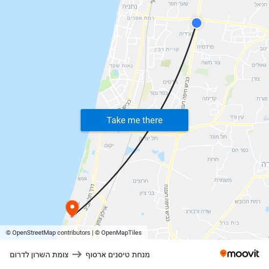 צומת השרון לדרום to מנחת טיסנים ארסוף map