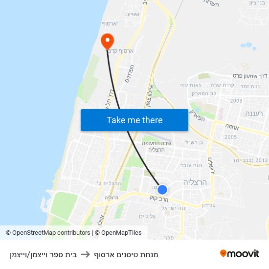 בית ספר וייצמן/וייצמן to מנחת טיסנים ארסוף map