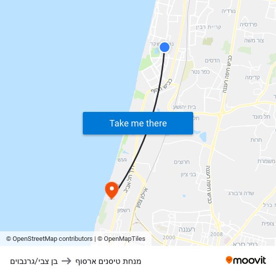 בן צבי/גרנבוים to מנחת טיסנים ארסוף map