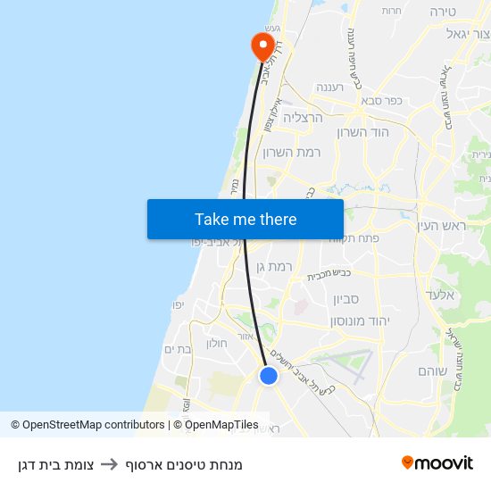 צומת בית דגן to מנחת טיסנים ארסוף map