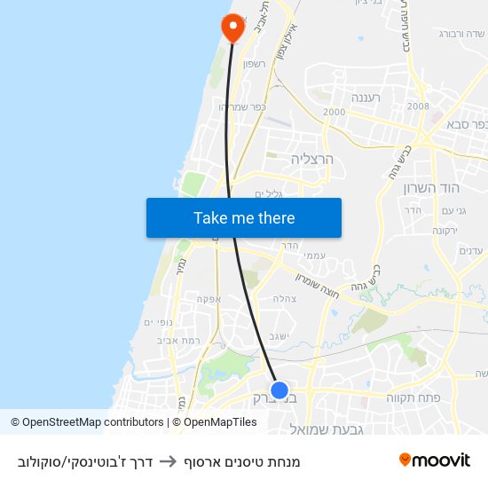 דרך ז'בוטינסקי/סוקולוב to מנחת טיסנים ארסוף map