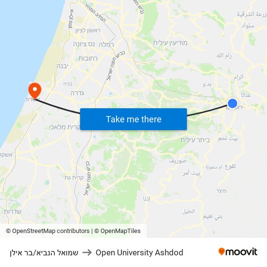 שמואל הנביא/בר אילן to Open University Ashdod map
