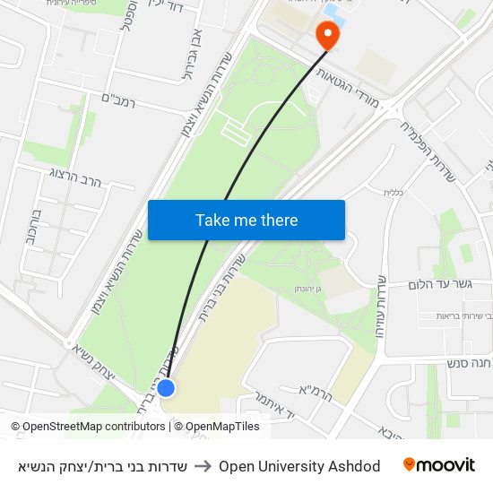 שדרות בני ברית/יצחק הנשיא to Open University Ashdod map