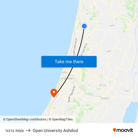 צומת כרכור to Open University Ashdod map