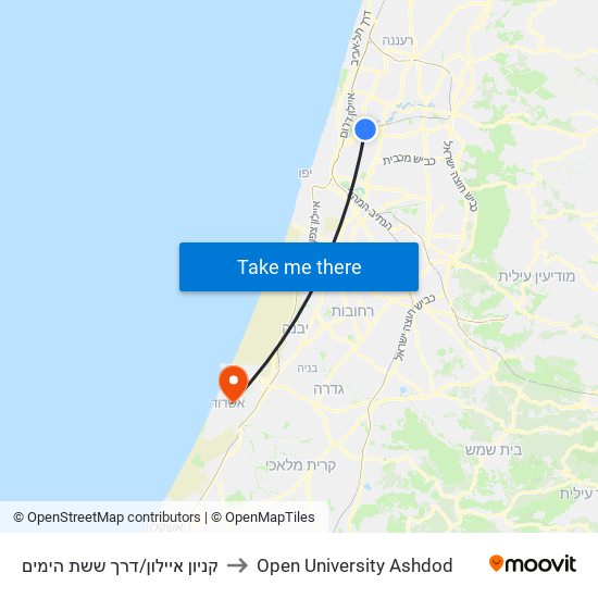 קניון איילון/דרך ששת הימים to Open University Ashdod map