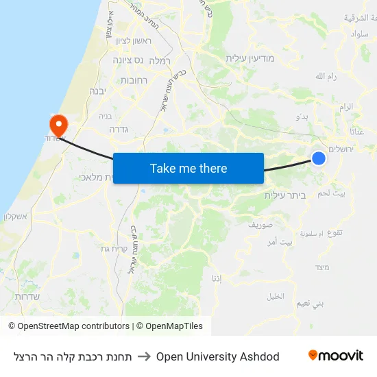 תחנת רכבת קלה הר הרצל to Open University Ashdod map