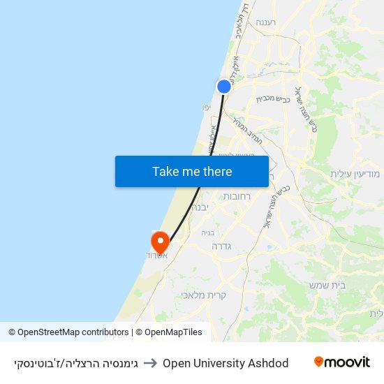 גימנסיה הרצליה/ז'בוטינסקי to Open University Ashdod map