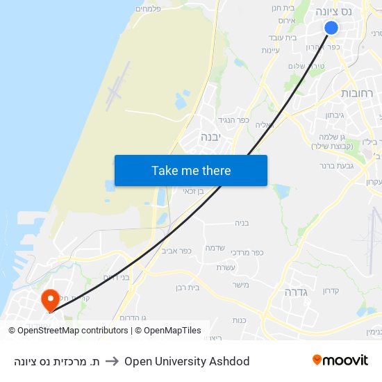 ת. מרכזית נס ציונה to Open University Ashdod map