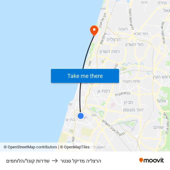 שדרות קוגל/הלוחמים to הרצליה מדיקל סנטר map