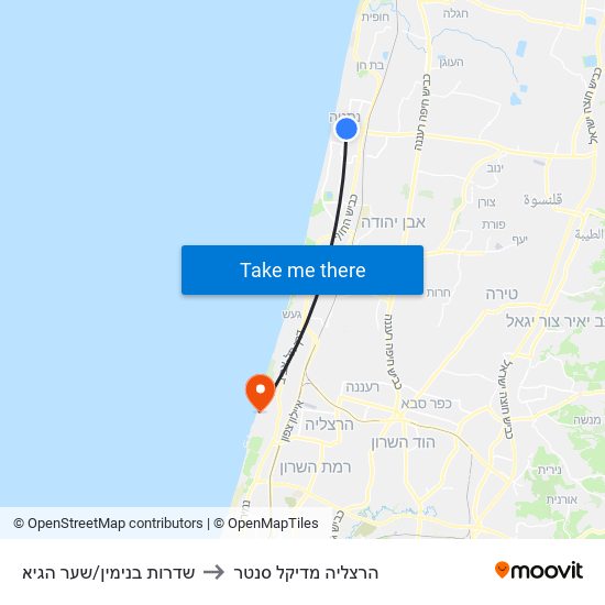 שדרות בנימין/שער הגיא to הרצליה מדיקל סנטר map