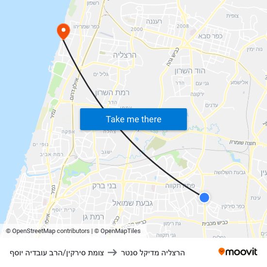 צומת סירקין/הרב עובדיה יוסף to הרצליה מדיקל סנטר map