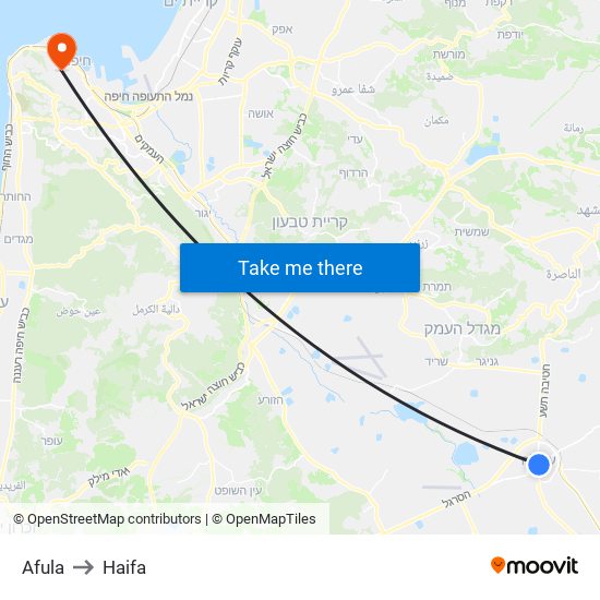 Afula to Haifa map