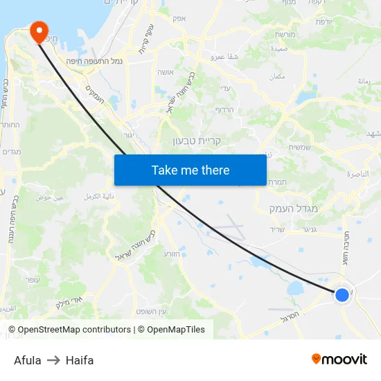 Afula to Haifa map