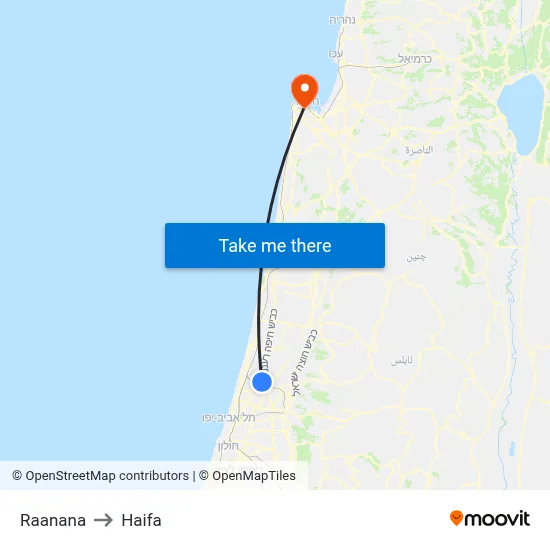Raanana to Haifa map