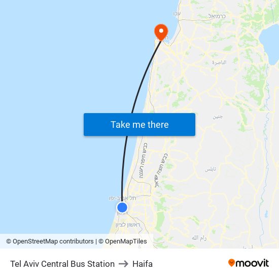 Tel Aviv Central Bus Station to Haifa map