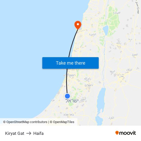 Kiryat Gat to Haifa map