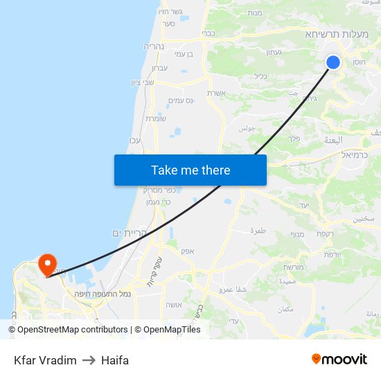 Kfar Vradim to Haifa map