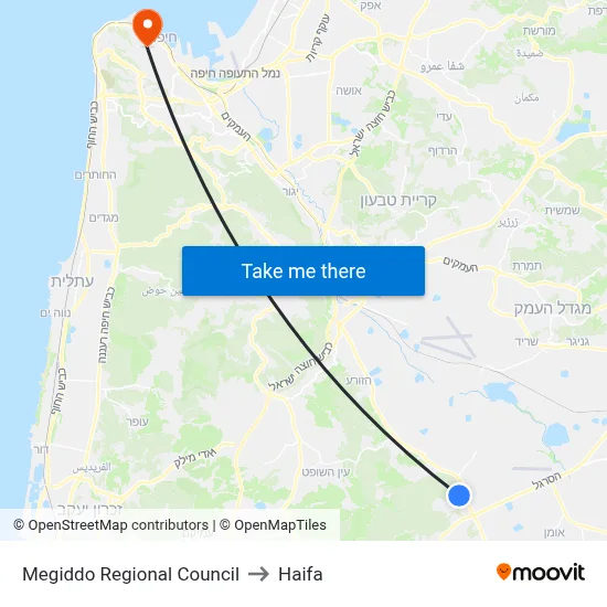 Megiddo Regional Council to Haifa map