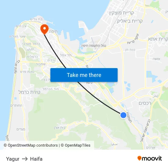 Yagur to Haifa map