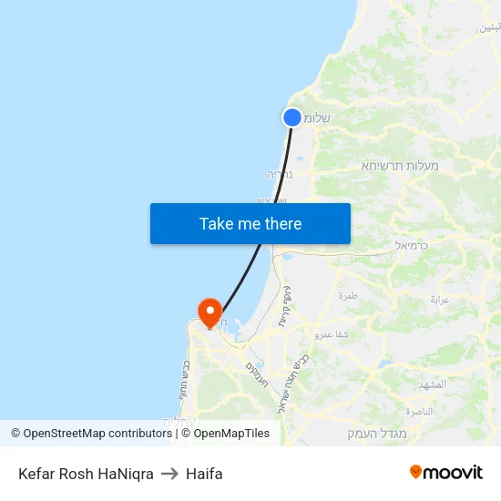 Kefar Rosh HaNiqra to Haifa map