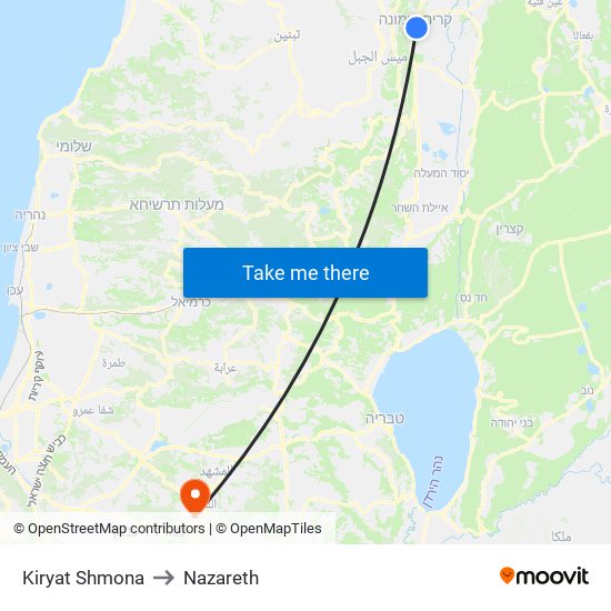 Kiryat Shmona to Nazareth map