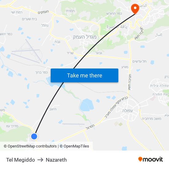 Tel Megiddo to Nazareth map