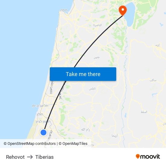 Rehovot to Tiberias map