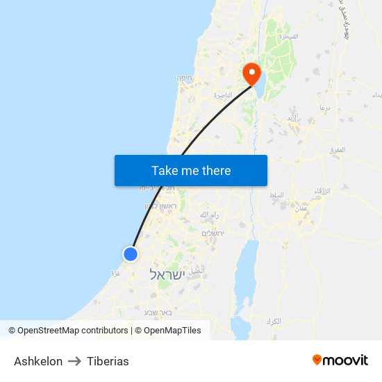 Ashkelon to Tiberias map