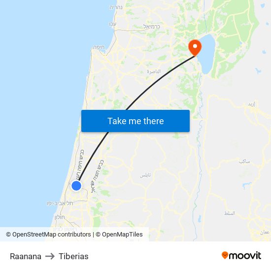 Raanana to Tiberias map