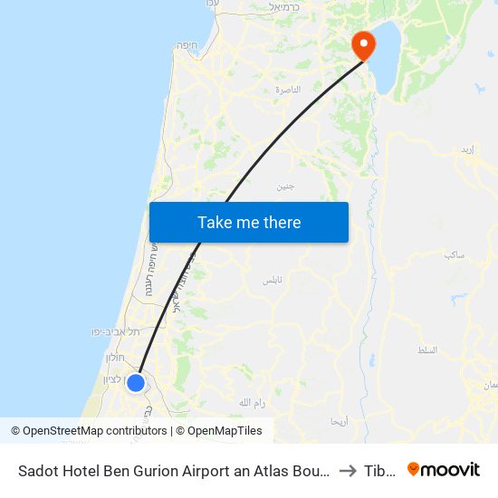 Sadot Hotel Ben Gurion Airport an Atlas Boutique Hotel Assaf Harofeh to Tiberias map