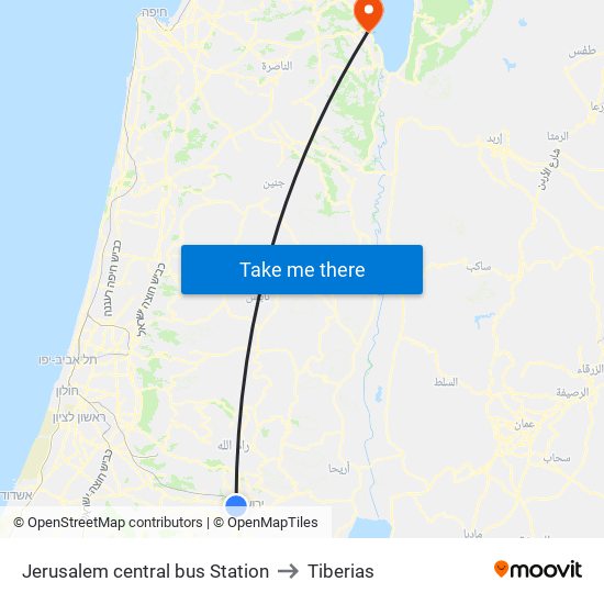 Jerusalem central bus Station to Tiberias map