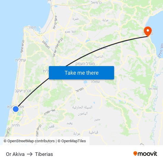 Or Akiva to Tiberias map