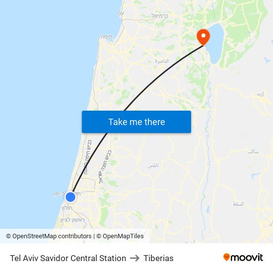 Tel Aviv Savidor Central Station to Tiberias map