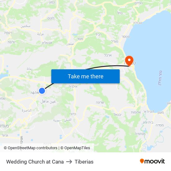 Wedding Church at Cana to Tiberias map