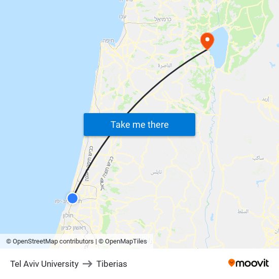 Tel Aviv University to Tiberias map