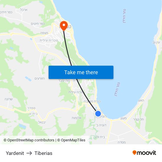 Yardenit to Tiberias map